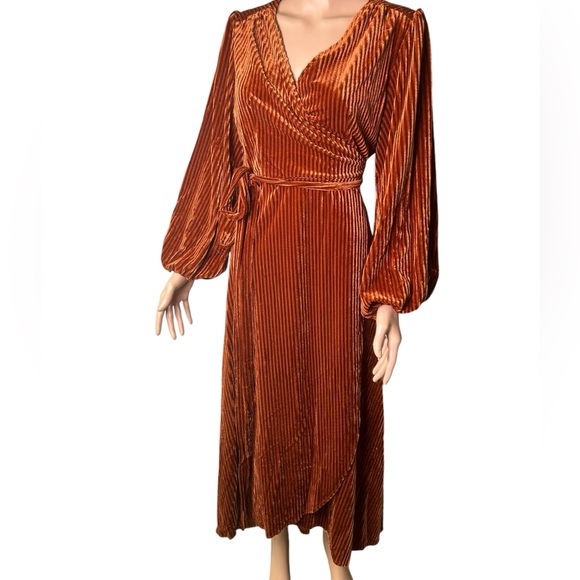 BERRYGO fall midi rust ribbed high long long sleeve V front wrap tie dress NWT - Picture 7 of 10